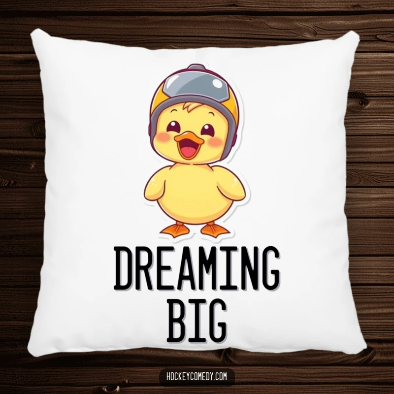 A happy, adventurous duck wearing a small helmet, depicted on a soft and humorous pillow.