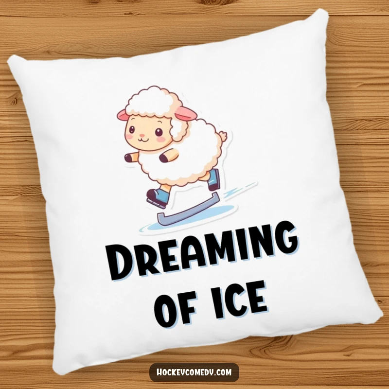 Funny pillow with a fluffy sheep elegantly ice skating, perfect for adding a whimsical and cozy touch to any room.