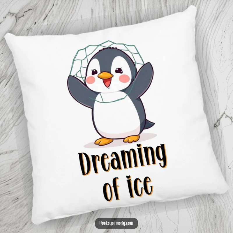 Funny pillow featuring a delighted penguin enthusiastically flapping while guarding a hockey net, full of spirit.