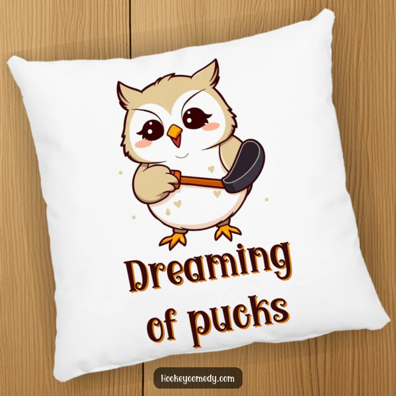 Funny Pillow showcasing a giggling owl comically trying to catch a hockey puck, offering plush comfort and a dose of lighthearted humor.