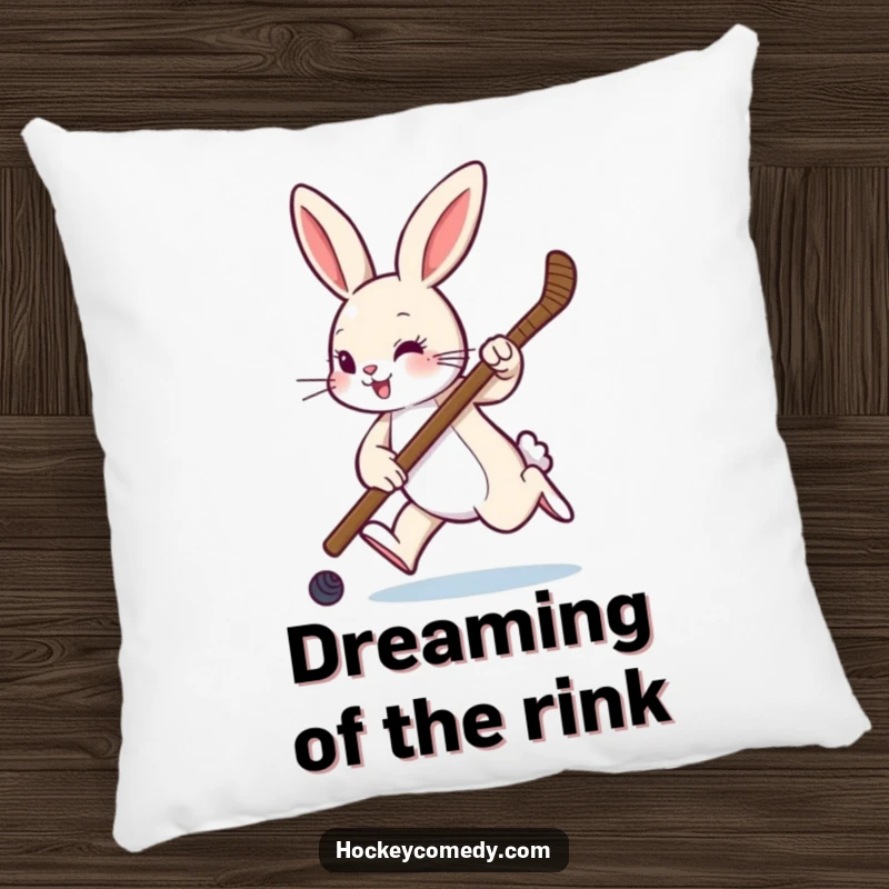 Funny pillow featuring a rabbit hopping with a hockey stick, offering cozy comfort and a playful sports theme.