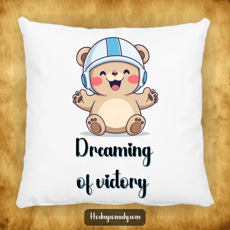 Funny Bear Goal Pillow featuring a plush, jubilant bear celebrating a goal with paws raised, perfect for comfort and humor.