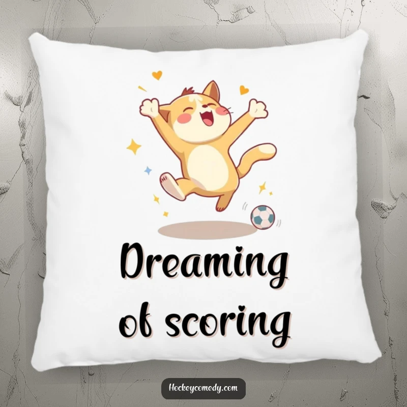 Funny pillow featuring an energetic animal joyfully leaping in celebration of a goal, offering a cozy and cheerful touch.
