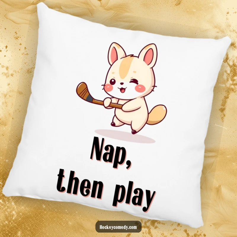 Funny animal hockey pillow featuring a small animal cheerfully swinging a miniature hockey stick, offering cozy comfort and sporty humor. Ideal funny gift.