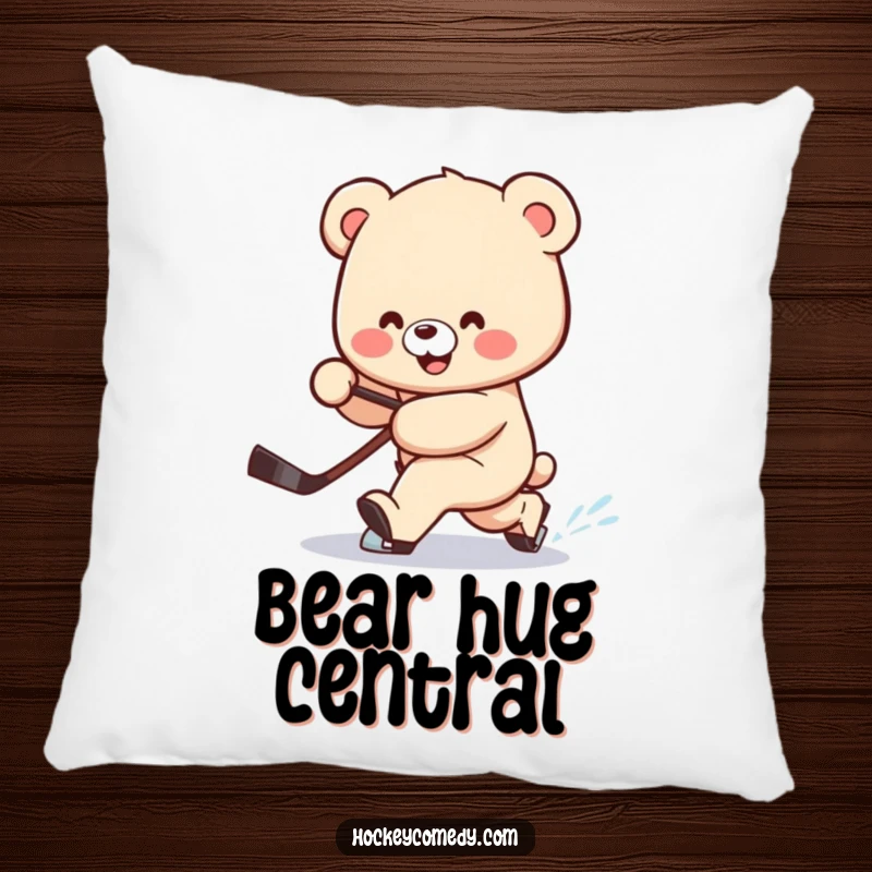 Funny pillow featuring a smiling bear trying a clumsy hockey deke, stick trailing behind, full of charm.