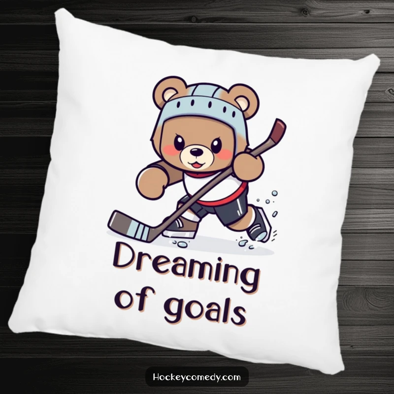Funny determined bear character attempting a hockey trick, soft pillow.