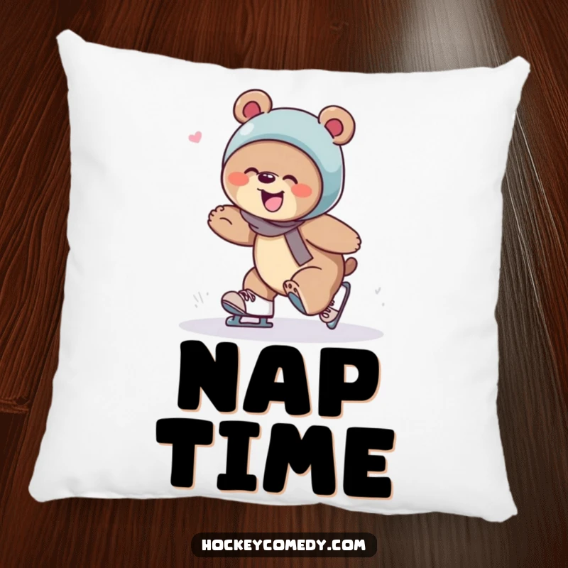 A giggling bear tripping over its skates, depicted on a soft and humorous pillow.
