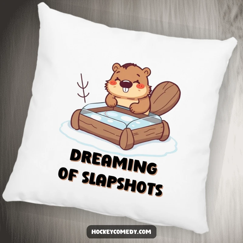 Funny beaver pillow, a happy beaver building a small hockey rink out of logs, combining comfort and humor, delightful home decor gift.