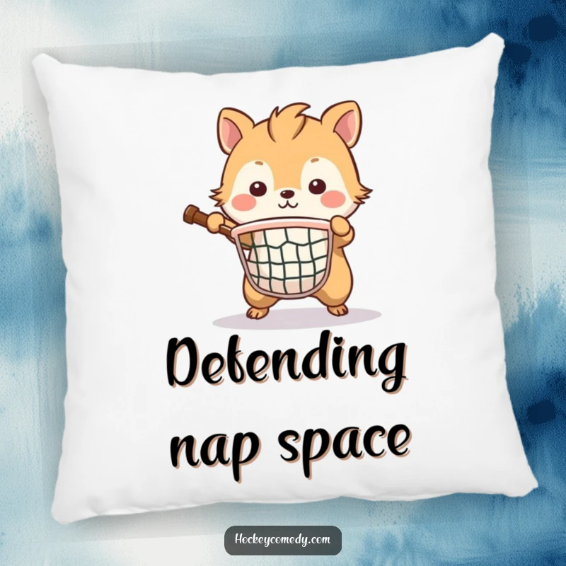Funny pillow with a brave animal as a determined goalie, fiercely protecting a small net, offering comfort and inspiration.