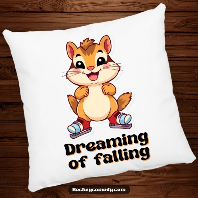 Funny chipmunk pillow, a cheerful chipmunk in oversized skates, wobbling gleefully, combining comfort and humor, delightful home decor gift.