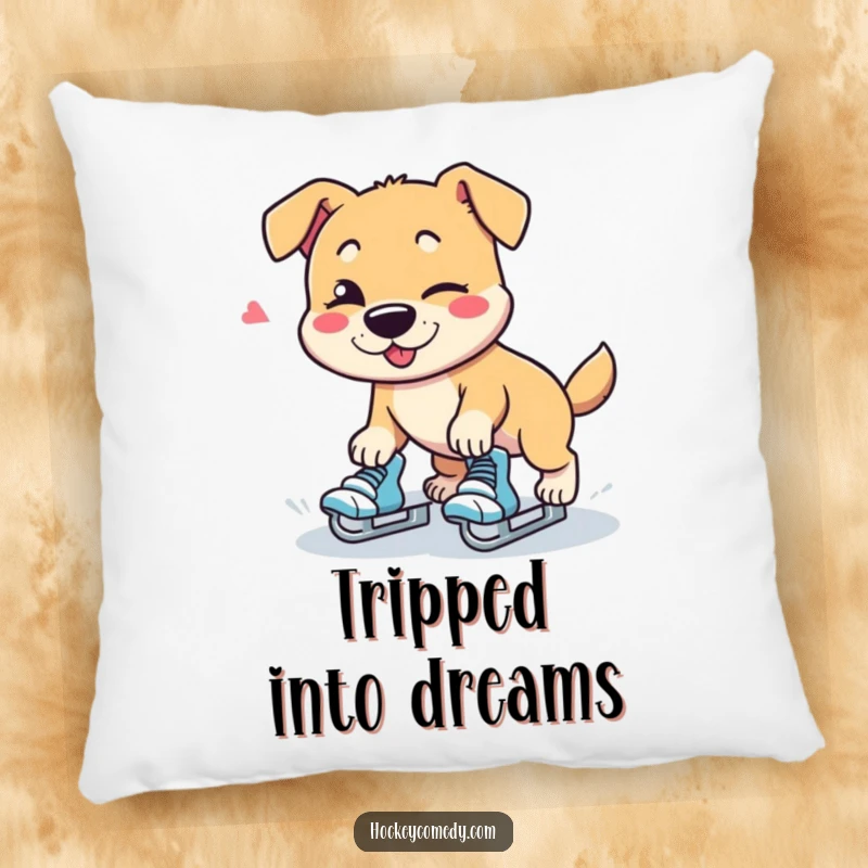Funny dog character tripping on roller skates with a wink, soft decorative pillow.