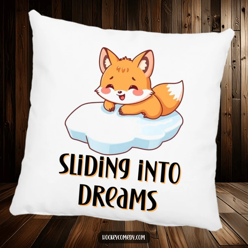 Funny pillow featuring a smiling fox belly-sliding on ice, providing a cozy and humorous touch to winter decor.