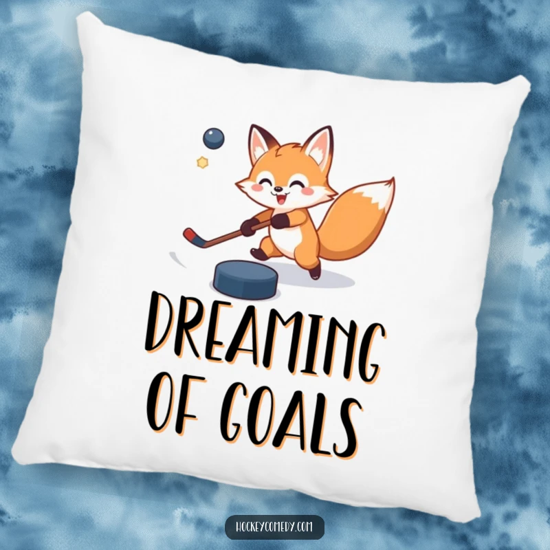Funny pillow showcasing a cheerful fox in the action of a slap shot, puck slightly off target, providing comfort and humor.