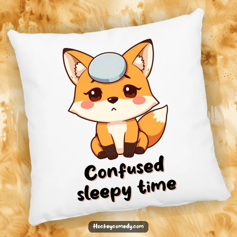 Funny Fox Puck Pillow featuring a plush, confused fox with a hockey puck on its forehead, perfect for comfort and humor.