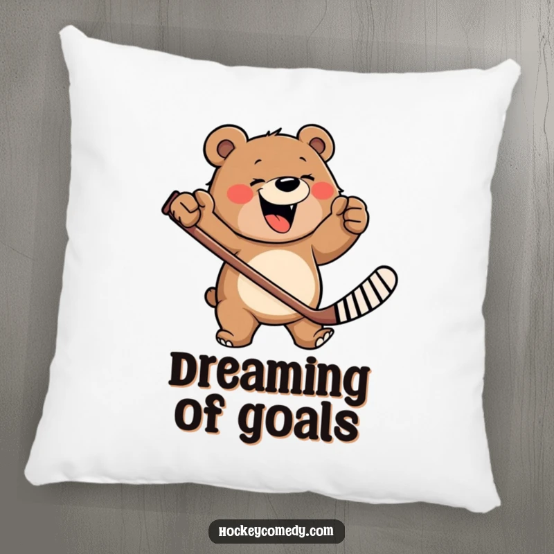 Funny pillow with a happy, roaring bear furiously waving a hockey stick, adding a touch of wild comfort.