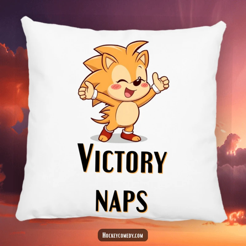 Funny pillow depicting a cheerful hedgehog character performing a joyful victory dance, offering comfort and a smile.