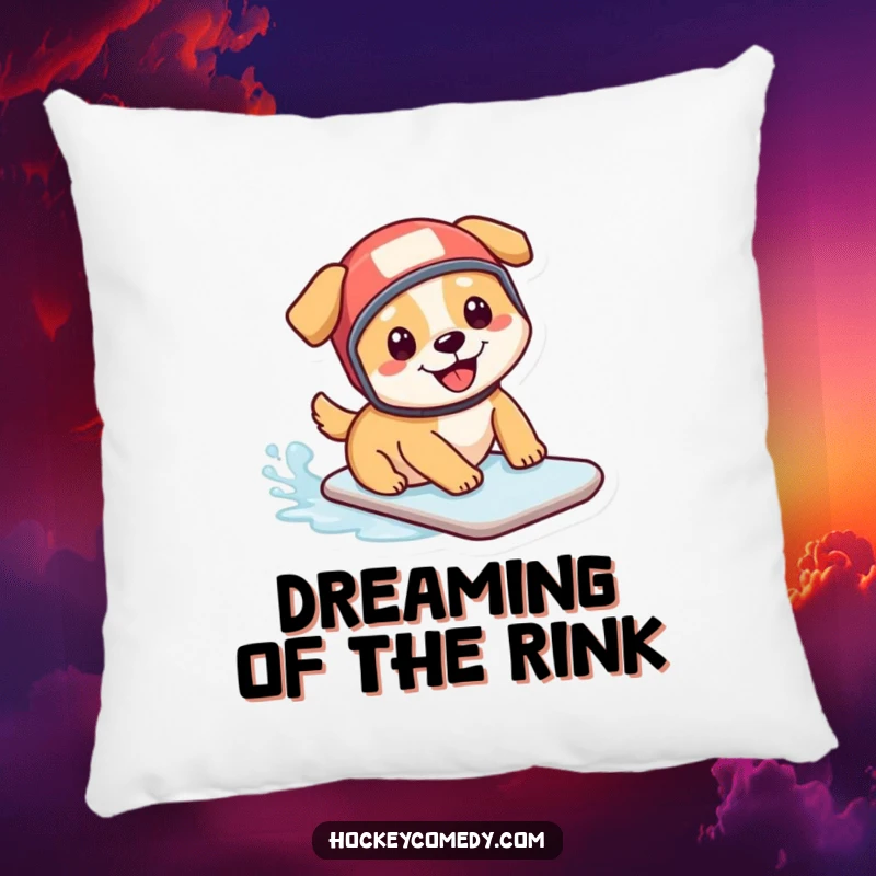 Funny pillow: A joyful dog wearing a small hockey helmet slides happily on ice, bringing a touch of playful humor.