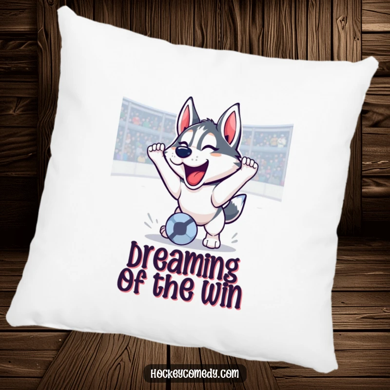 Funny husky pillow depicting a soccer goal with a triumphant roar, soft plush comfort, a humorous sports celebration, ideal funny gift.