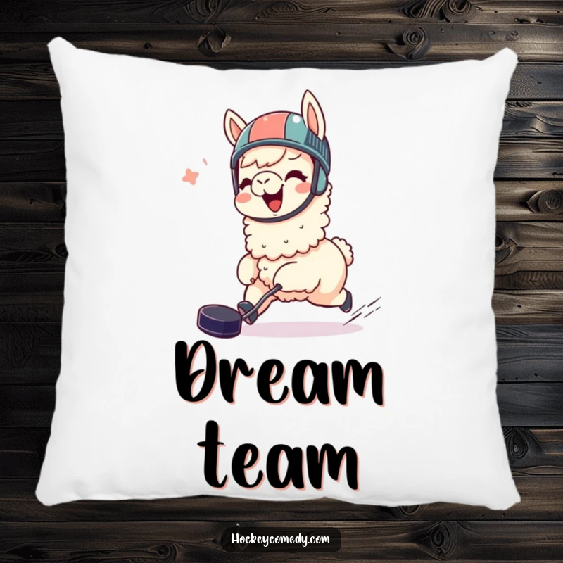 Funny llama pillow, giggling, wearing a helmet, joyfully chasing a hockey puck, perfect for cozying up with humor.