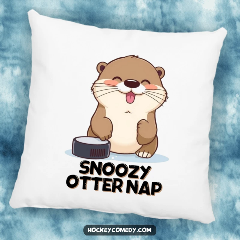 Funny cheerful otter trying to catch a hockey puck with its nose on a soft, humorous pillow.