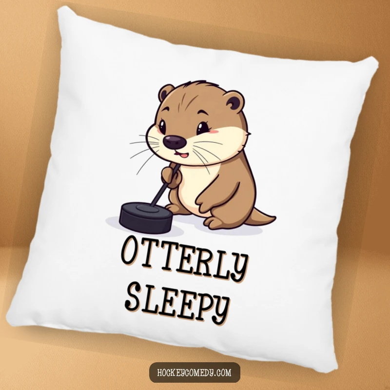 Funny Pillow showcasing a silly otter comically trying to dribble a hockey puck with its nose, offering plush comfort and a dose of lighthearted humor.