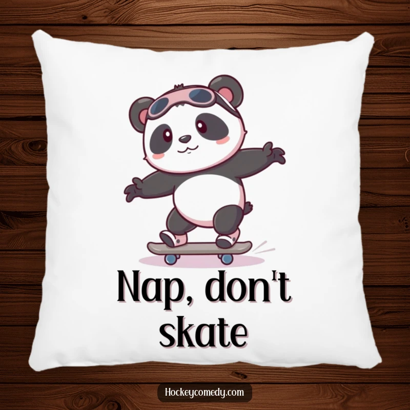 Funny playful panda attempting to skate with wobbly legs on a soft, humorous pillow.