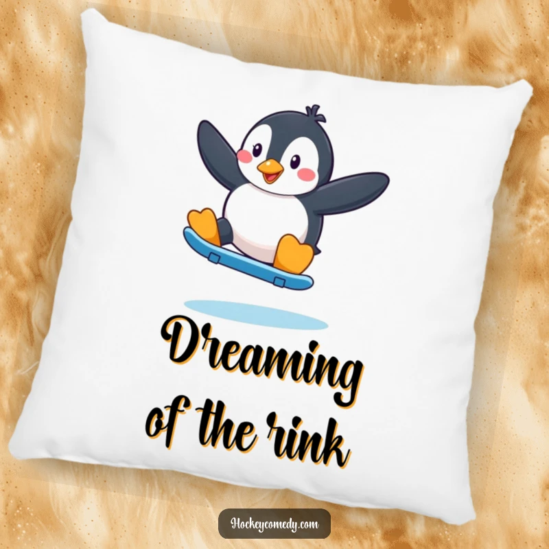Funny Penguin Skater Pillow: A penguin poised mid-skate, offering plush comfort and winter fun.