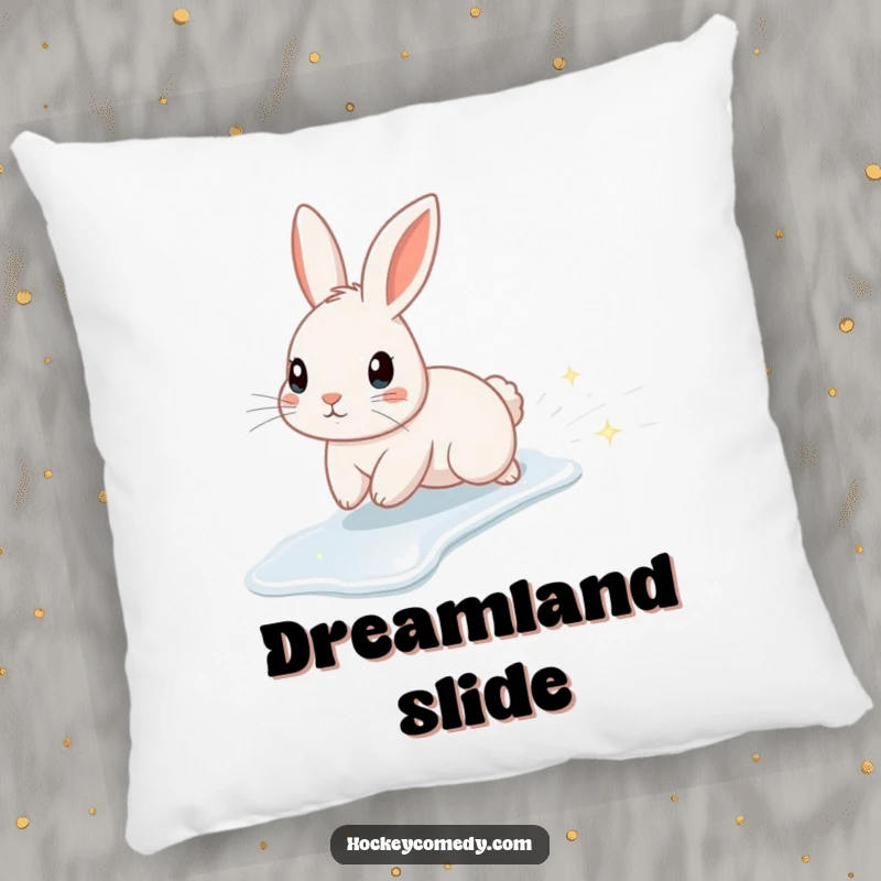 Funny pillow featuring a cute rabbit character ice skating, leaving a trail of soft sparkles, perfect for cozying up.