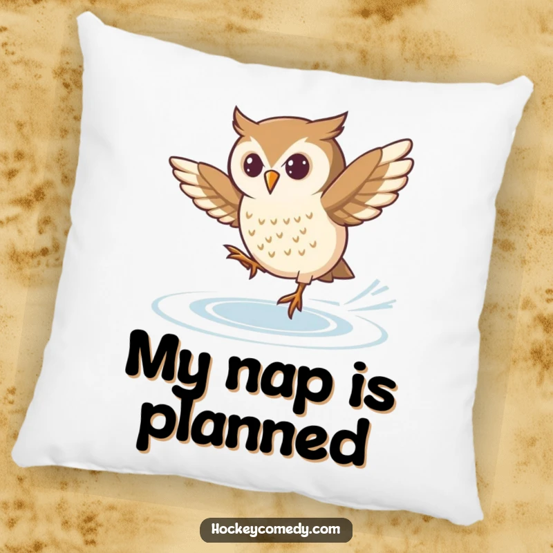 Funny pillow with a determined owl attempting a tricky ice skating spin, perfect for adding a touch of focused humor.
