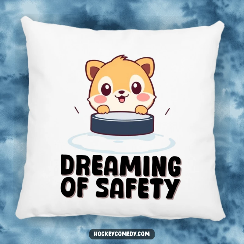 Funny pillow featuring a comically surprised animal staring wide-eyed at a fast-approaching hockey puck, offering comfort and laughs.