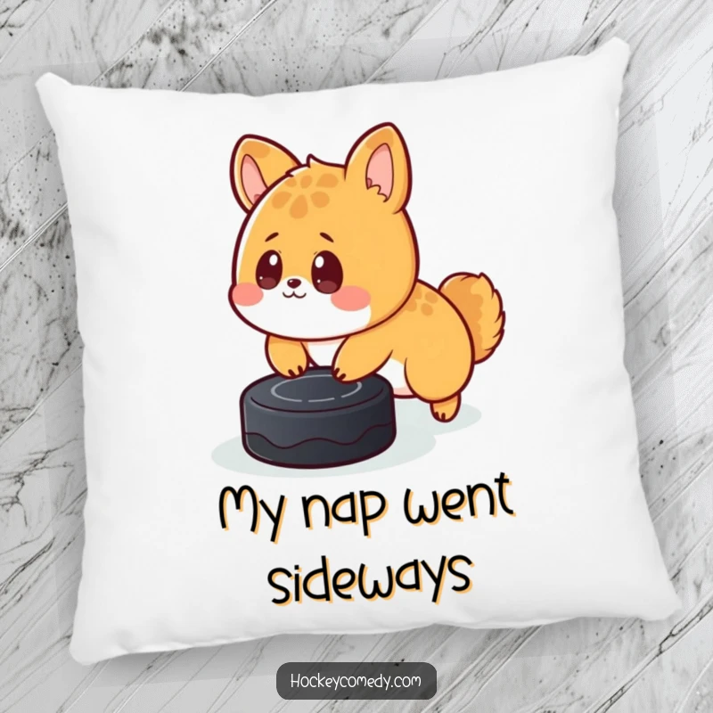 Funny pillow featuring a cute, surprised animal tripping over a hockey puck, offering a cozy and humorous decorative touch.
