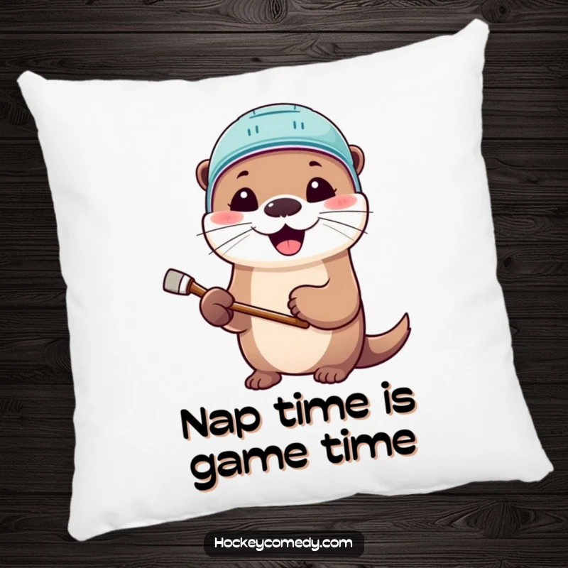 Funny pillow featuring a smiling, cute otter in a miniature hockey helmet, stick in paw, ready for a nap.
