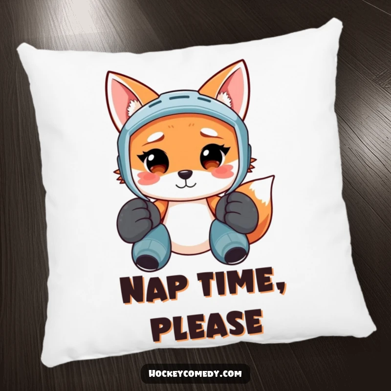Funny pillow with a smiling fox in oversized hockey pads, looking comically confused and lost, perfect for home decor.
