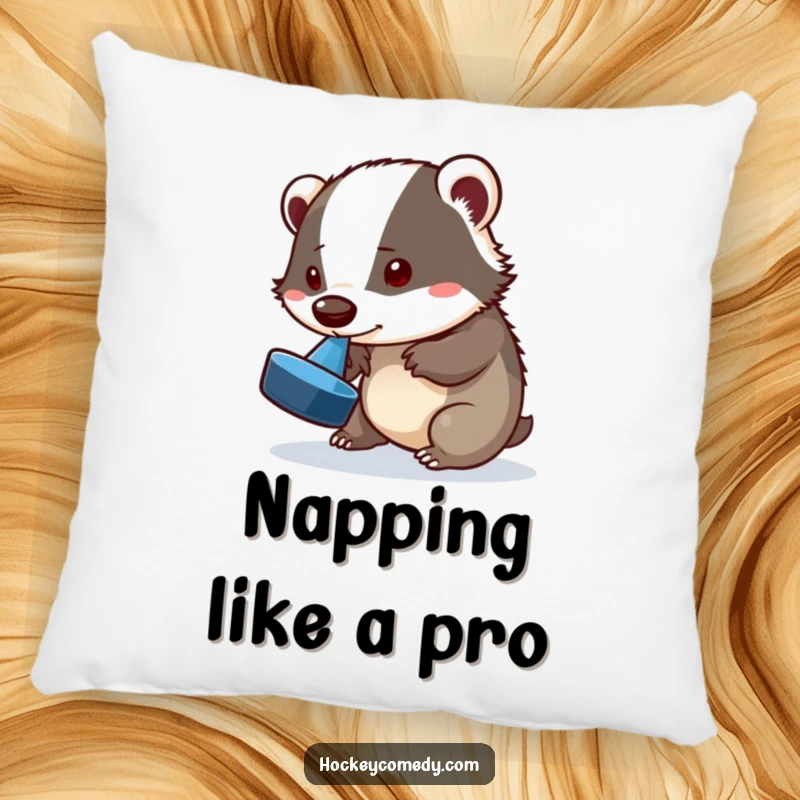 Funny badger pillow, a playful badger attempting a puck flip with its nose, combining comfort and humor, delightful home decor gift.