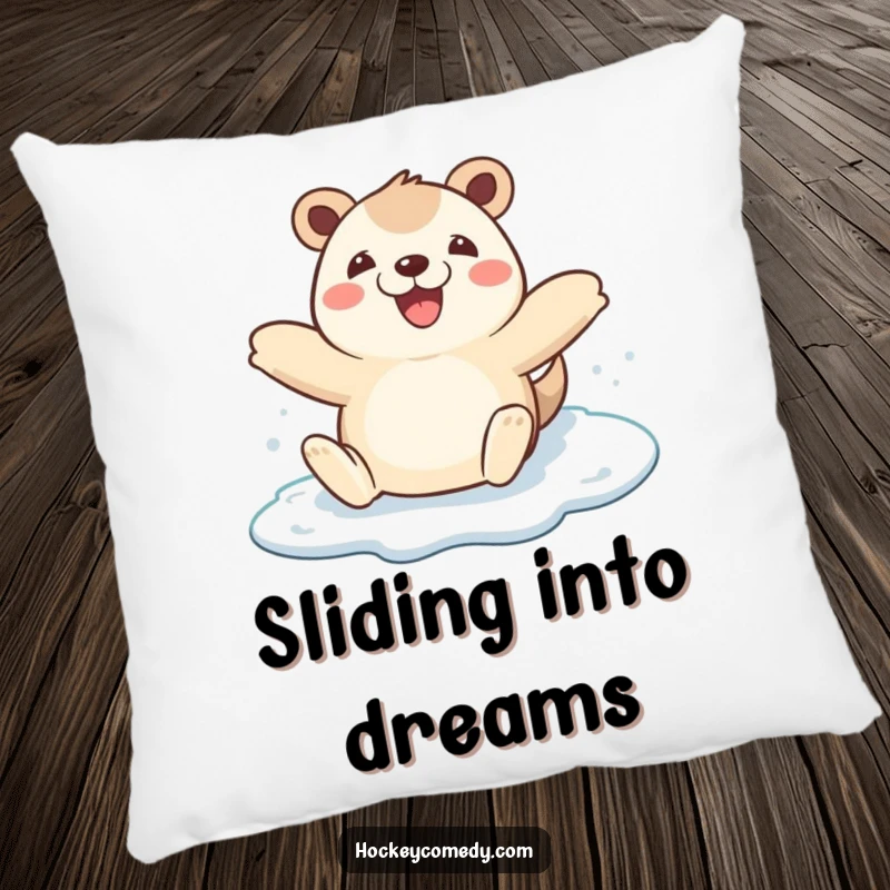 Funny happy animal arms wide on a soft pillow, ice skating blissfully, a humorous and comfortable accent.