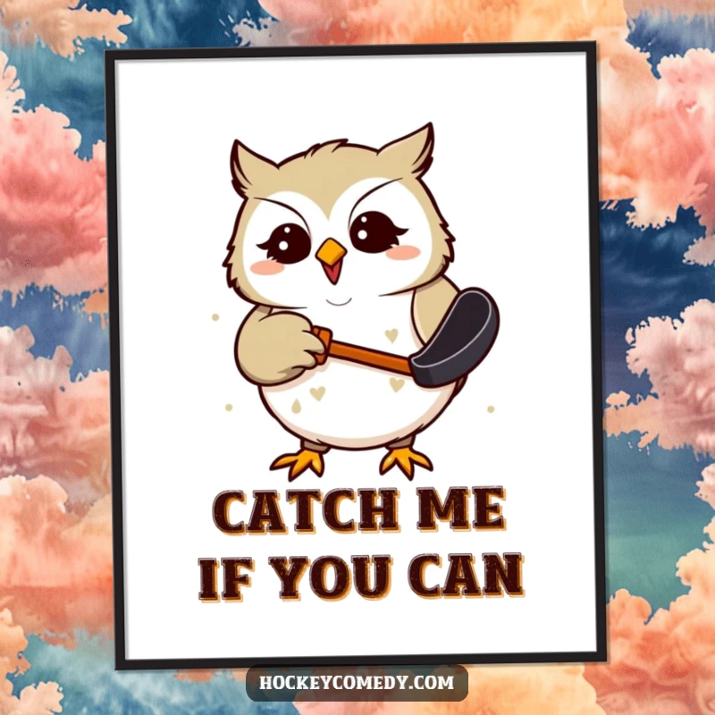 Funny Digital Art Print of a giggling owl humorously trying to catch a hockey puck, capturing a moment of pure, playful delight.