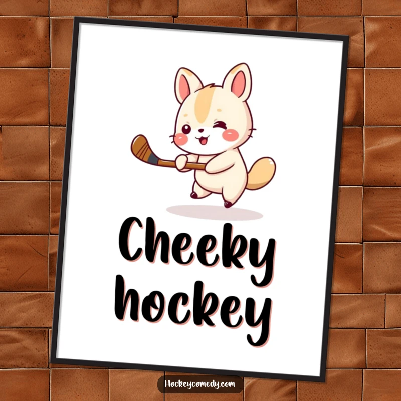 Funny animal hockey digital art print of a small animal cheerfully swinging a miniature hockey stick, perfect for instant sports decor. Great funny gift.