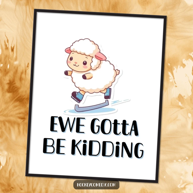 Funny digital art print featuring a fluffy sheep performing a graceful ice skating routine with charm and elegance.