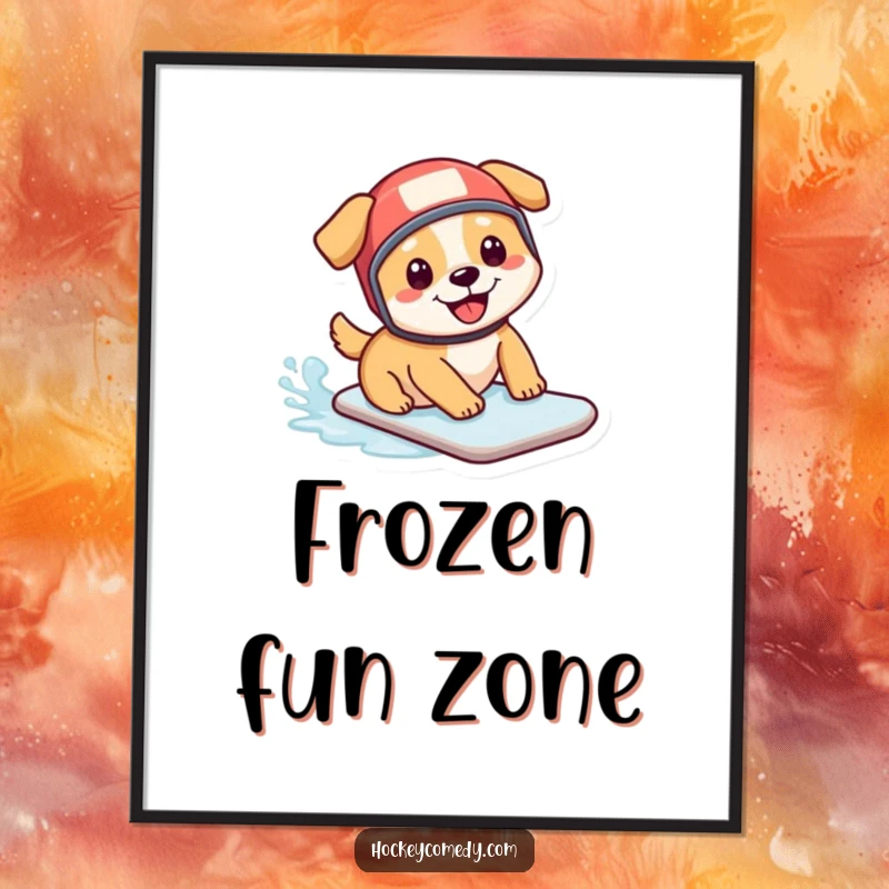 Funny digital art print: A joyful dog in a miniature hockey helmet slides on ice, capturing a moment of pure, hilarious fun.