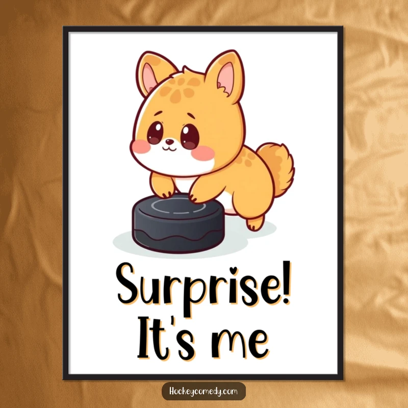 Funny digital art print of a cute animal looking surprised while tripping over an ice hockey puck, perfect for humor lovers.