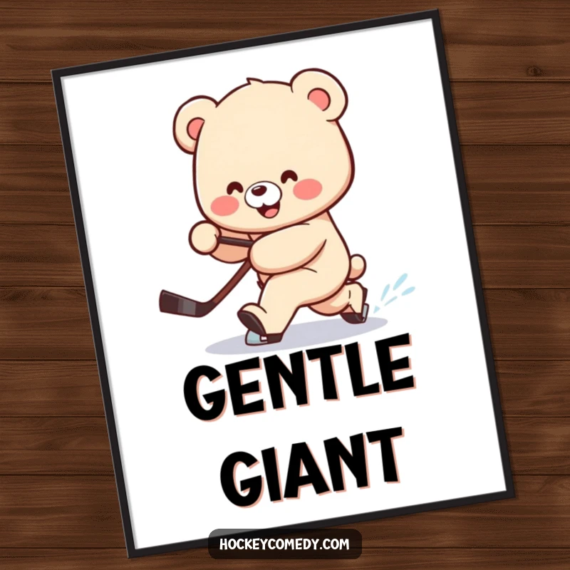 Funny digital art of a smiling bear attempting a clumsy hockey deke, stick trailing behind, full of humor.