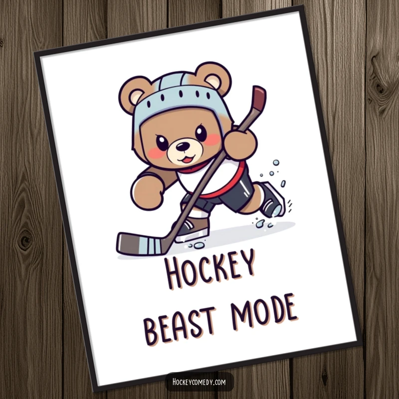 Funny determined bear character attempting a tricky hockey maneuver, printable art.