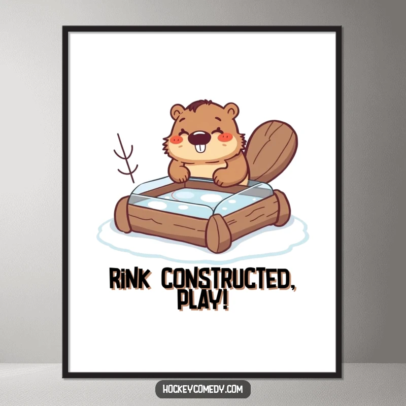 Funny beaver digital art, a happy beaver building a small hockey rink from logs, humorous illustration, instant download gift.