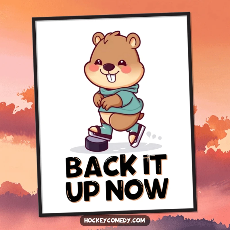 Funny Digital Art Print of a cheerful beaver skating backwards with a hockey puck, capturing a moment of pure, skillful amusement.