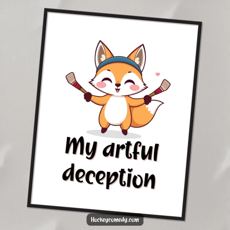 Funny digital art print of a mischievous fox skillfully juggling hockey sticks, capturing a moment of playful dexterity and charm.