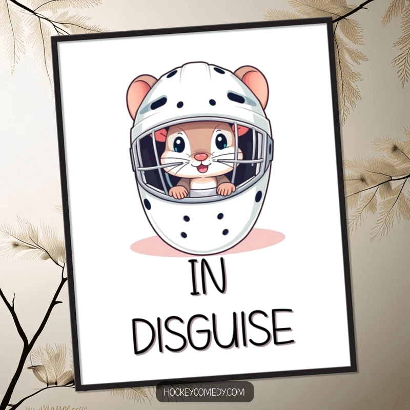 Funny mouse peeking from a goalie mask, a downloadable digital print for humorous hockey decor.
