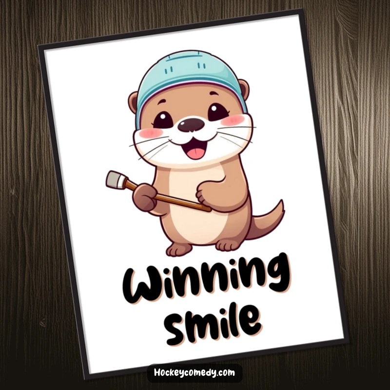 Funny digital art print of a cute otter in a hockey helmet, stick in paw, smiling broadly, ready for fans.