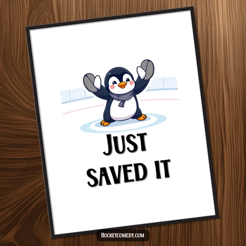 Funny penguin goalie digital art print showing a dramatic, exaggerated hockey save, perfect for instant humorous wall decoration.