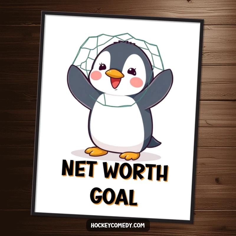 Funny digital art of a delighted penguin enthusiastically flapping its wings while guarding a hockey net.
