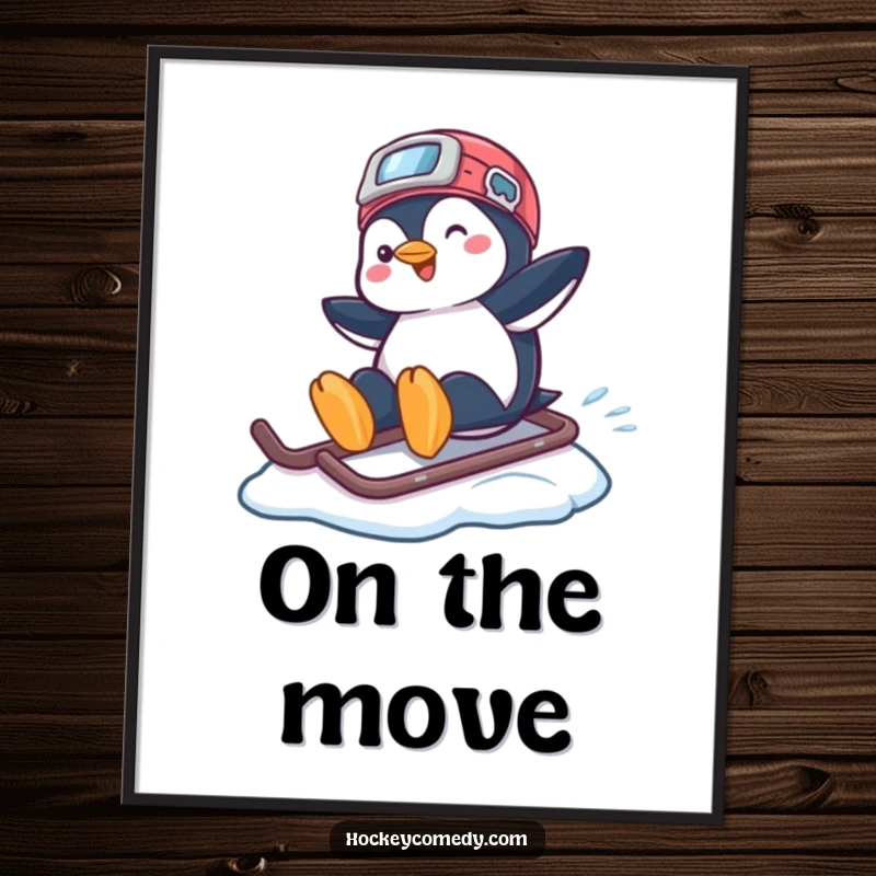 Funny digital art print of a playful penguin sliding across ice on a hockey helmet, depicting a humorous winter scene.